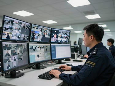 Wide shot of a security operator at a multi-screen e-surveillance workstation in a bank facility, hands on keyboard, live camera feeds visible on screens, institutional overhead fluorescent light, no posed elements