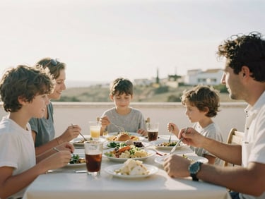 Family enjoying a meal outdoors in the Algarve, warm gentle Mediterranean sun, authentic moment, 35mm film look.