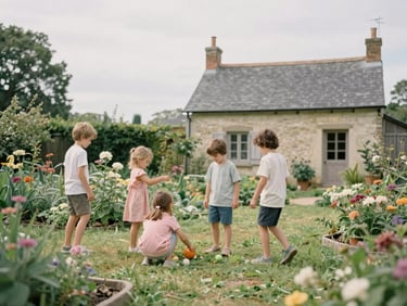 Children playing in a garden next to a French countryside cottage, natural daylight, soft desaturated tones, 35mm film look.