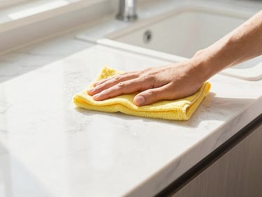 Close-up lifestyle photography of a professional cleaner's hands wiping down a bright, sunlit marble kitchen counter, sparkling clean.