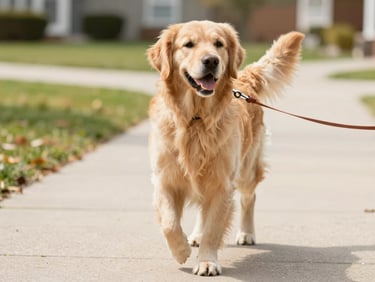 Medium shot of a happy golden retriever on a leash, being walked on a leafy suburban path, warm natural daylight.