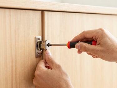 Close-up of hands using a screwdriver to tighten a hinge on a wooden cabinet door, crisp repair, warm natural light.