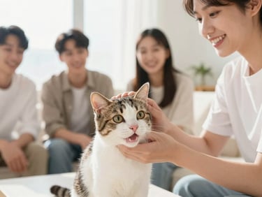 Warm high-key photography of a smiling team member petting a happy cat in a sunlit living room, shallow depth of field.