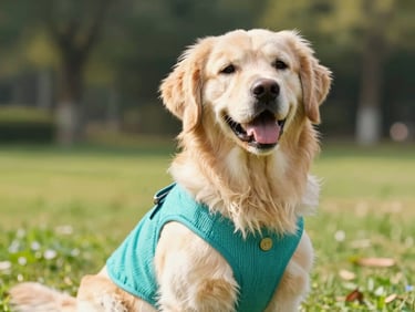 Happy golden retriever wearing a teal knit vest in a sunny park.