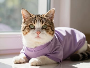 Calico cat wearing a soft mauve collar shirt lounging indoors.