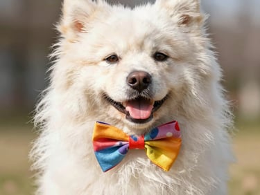 Close up of a fluffy dog wearing a colorful handmade bow tie.