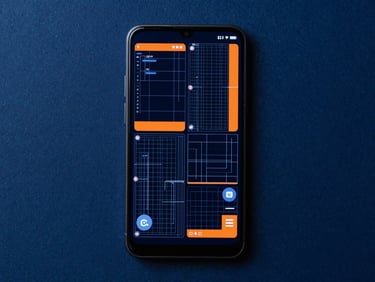Top-down flat lay of a modern Android smartphone displaying a complex, highly legible vector wireframe interface, sharp technical lighting, safety orange accents on a deep blue background.