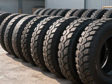 Close-up of sorted heavy truck tires stacked systematically in perfect rows on a clean concrete ground, industrial facility background, crisp daylight