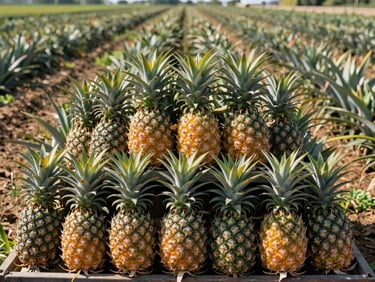 Stack of fresh pineapples on a farm cart, commercial agriculture photography, direct sunlight