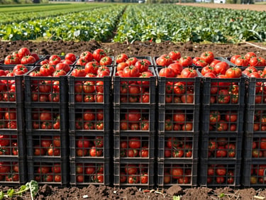 Stack of fresh, harvested produce (e.g., tomatoes, vegetables) in crates ready for transport, commercial agriculture photography, deep soil tones