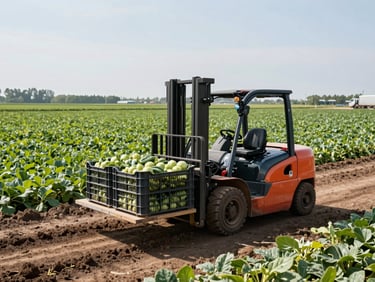 Forklift loading crates of fresh produce onto a truck in a modern, well-lit farm warehouse. Medium shot, commercial agriculture photography.