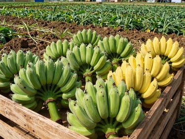 Green and yellow banana bunches in a wooden crate, commercial agriculture photography, direct sunlight