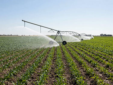 Close-up of a center-pivot irrigation system spraying water over young crops in a field, commercial agriculture photography, clear sky