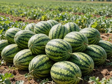 Whole watermelons piled in a field, commercial agriculture photography, direct sunlight