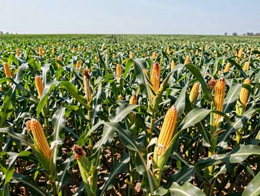 Close-up of ripe maize cobs on stalks in a vast green field under bright sun, commercial agriculture photography