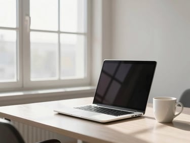 Wide environmental home-office corner — a desk set against a bright window, a laptop open, coffee mug to the side, morning daylight filling the frame