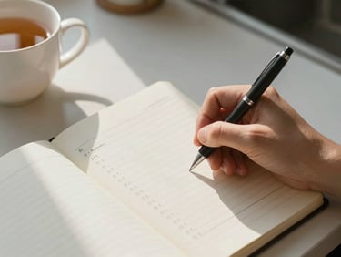 Overhead close-up of a notebook open to a task list, a pen mid-write, a cup of tea beside it on a home kitchen table, soft afternoon daylight
