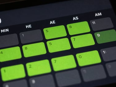 Macro shot of a dark digital calendar dashboard with neon green blocks showing booked sales meetings, high contrast, dark editorial style, 35mm