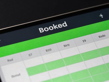 Macro shot of a modern B2B sales dashboard showing booked calendar slots, dark editorial photography, sharp high-contrast studio lighting, deep charcoal and neon green accents.