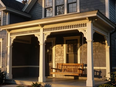 An elegant historic craftsman home porch with a wooden swing, warm natural golden-hour light, detailed architectural framing.