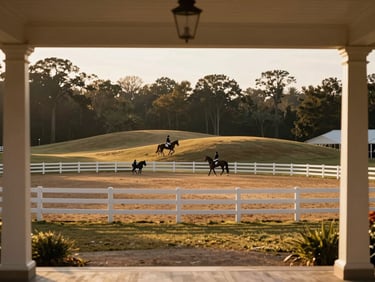 Equestrian property in Williamson, Georgia, rolling hills and white fences under soft morning light, warm editorial photography, 35mm