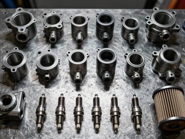 Top-down knolling of ordered motorcycle engine parts, spark plugs, and filters on a metallic workbench, harsh workshop lighting, high contrast, sharp focus