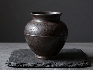 A single dark, iron-speckled ceramic vessel cast in deep shadow, dramatic chiaroscuro side-lighting, resting on a raw slate slab.