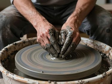 Chiaroscuro photograph of hands caked in wet, dark alluvial clay, working over a slow-turning wooden potter's wheel in a dimly lit stone workshop.