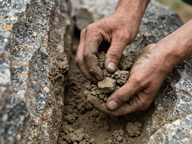 Extreme close-up of hands caked in dry mud extracting raw granite-rich clay from a narrow rocky fissure in the mountains.