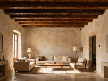 Warm editorial photography of a renovated historic apartment interior in Palma, high ceilings with dark wooden beams, sun-drenched living room with warm plaster walls, elegant minimalist staging, 35mm