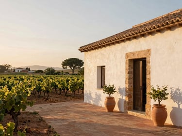 Warm editorial photography of a rustic finca in Santa María, surrounding vineyards under soft morning sun, warm terracotta pots, traditional architecture, 35mm