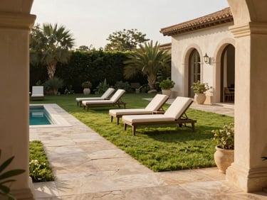 Warm editorial photography of a premium villa garden in Son Vida, lush green lawn, limestone pathways, elegant sun loungers near a quiet pool, soft shadows, 35mm