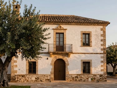 Warm editorial photography of a traditional Mallorcan country house in Pollença, rustic stone facade, olive tree in the foreground, soft morning light, architectural framing, 35mm