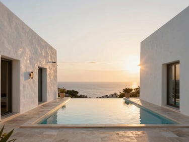 Warm editorial photography of a luxury villa exterior in Port Andratx, clean white plaster walls, infinity pool reflecting the golden sunset, Mediterranean sea in the background, straight vertical lines, 35mm