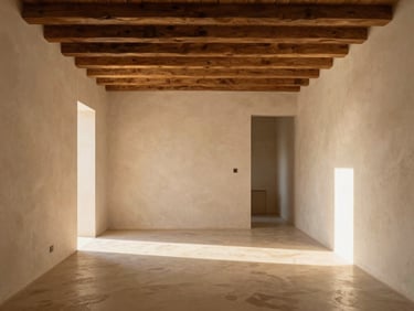 Minimalist renovated apartment interior in Palma, microcement floors, exposed wooden beams, warm sunlight, modern design, 35mm