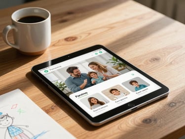 A warm, sunlit wooden table where a tablet displays a beautifully crafted parenting app, surrounded by a ceramic coffee mug and a child's drawing, soft natural backlighting.