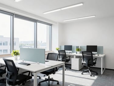 Bright modern open-plan office space, perfectly organized and clean, high-key crisp natural light.