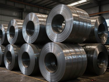 Extreme wide-angle shot of massive raw steel coils stacked in an industrial warehouse, high-contrast ambient light reflecting off metallic surfaces, deep shadows.