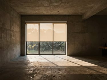 Wide architectural interior shot of a minimalist concrete living room at dusk, a single large window with a flush-fit roller blind partially drawn, casting sharp geometric shadows on the floor, warm directional sunlight, 35mm lens.