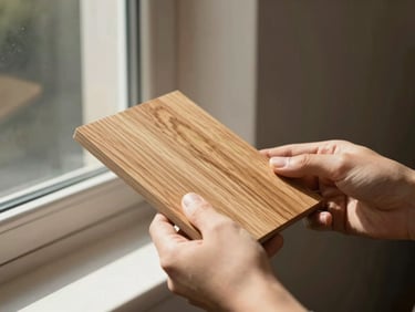 Close-up of a designer's hands holding a custom-stained oak timber swatch against a window frame, warm afternoon sunlight casting sharp graphic shadows, tactile wood grain, 35mm lens.