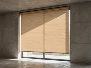 Flush-mounted minimalist roller blind in a modern concrete architectural space, soft afternoon light, clean lines, 35mm lens