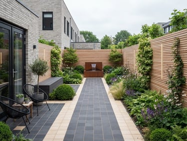 Straight-on architectural shot of a modern Dutch garden with perfectly aligned ceramic tiles and crisp wooden fences, soft overcast daylight