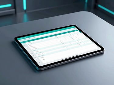 Sleek tablet displaying a modern inventory dashboard on a clean industrial table, cool teal highlights