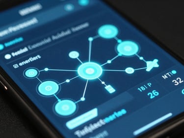 Macro shot of a smartphone screen displaying a custom enterprise dashboard with glowing data nodes, cool cyan backlighting, sharp focus
