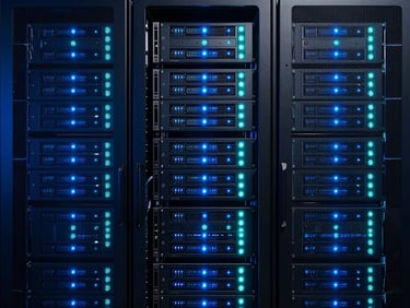 Modern server rack with blinking blue and cyan LED lights, high-contrast digital infrastructure, sharp focus