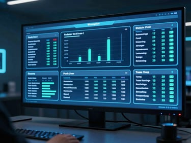 A high-tech political campaign war room with digital dashboards displaying voter metrics, cool neon blue lighting, sharp focus