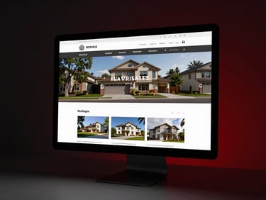 Wide shot of a modern real estate website on a large desktop monitor, showcasing high-resolution property images and a clean layout, dramatic shadows.