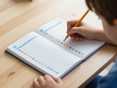 A structured daily planner with colorful icons on a wooden desk, a child's hands holding a pencil, cozy and organized atmosphere.