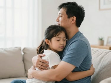 A father hugging his calm daughter tightly in a bright living room, soft daylight, peaceful and reassuring expression.