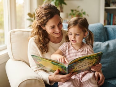 A close-up of a mother and child reading a colorful book together in a sunlit room, soft blue cushions in the background, natural morning light, shallow depth of field, authentic parenting moment.